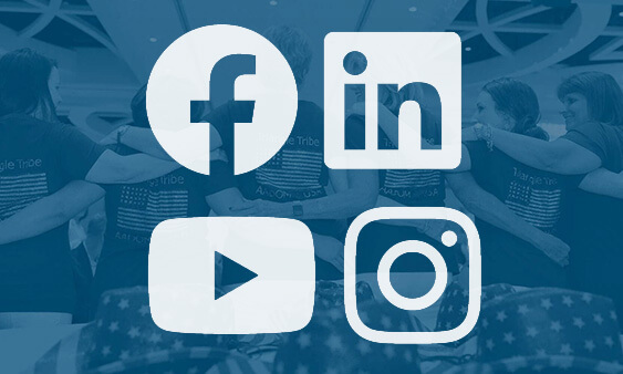 Facebook, LinkedIn, Youtube, and Instagram logos on an image with a blue overlay